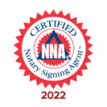 A red and white seal with the words certified notary signing agent.